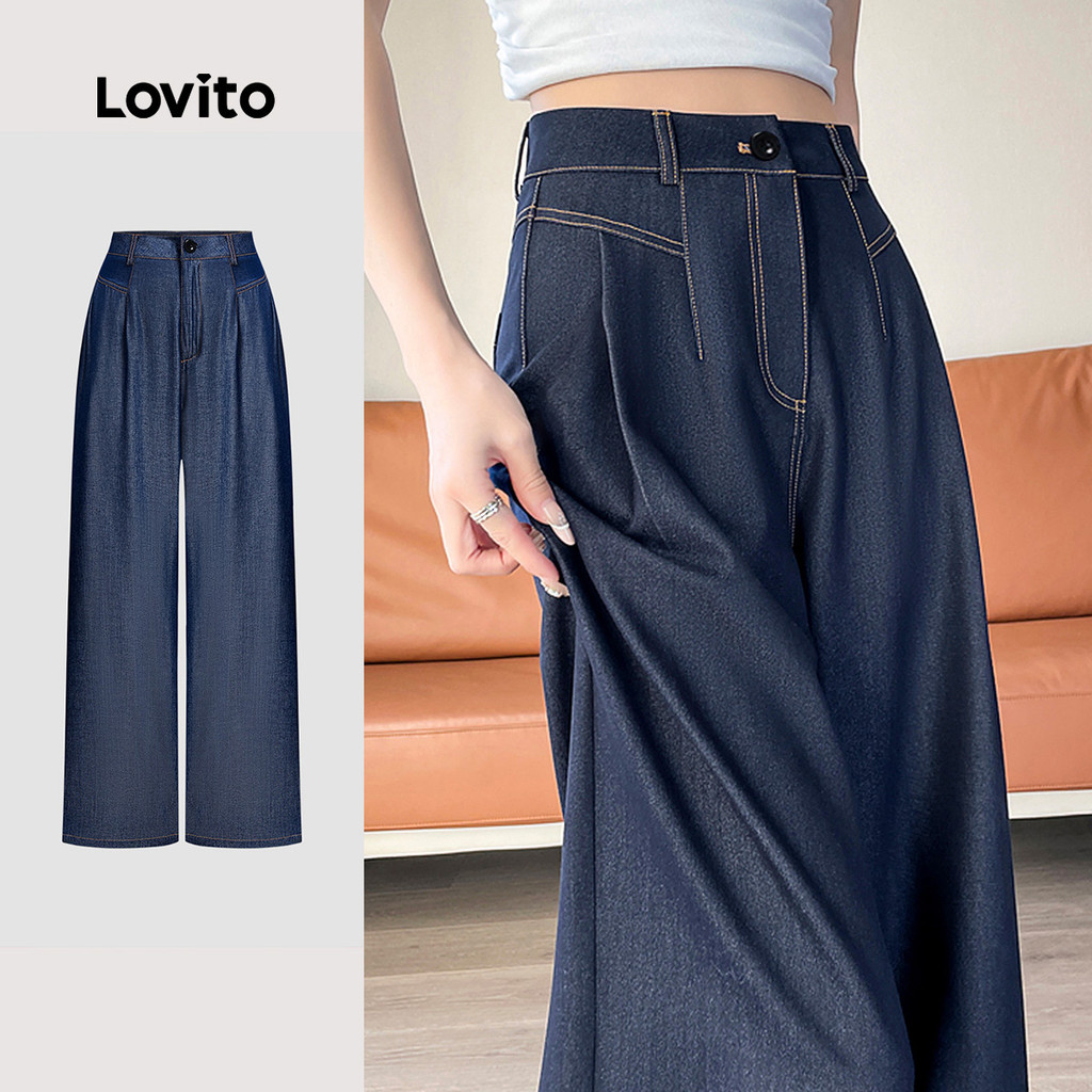 Lovito x Glenda Calças Elegantes com Linha Estruturada Toque Suave Calças Azulescuro para Todas As Estações LBL26017 em Oferta na Shopee