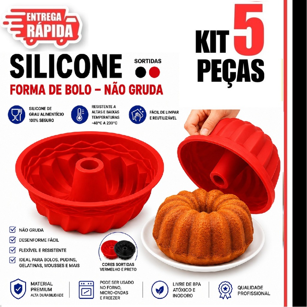 Combo 5 Formas de Bolo em Silicone Redonda  Assadeira Pudim Mousse Aer Fryer Forno Cor Sortida Utilidades