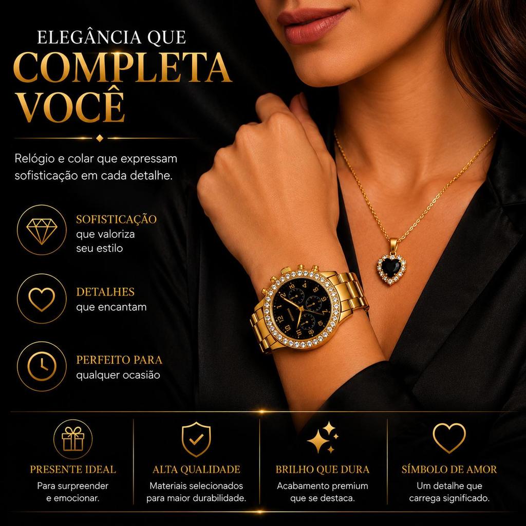 Kit Feminino Premium Relógio Dourado e Colar Delicado — imagem 2 de 2