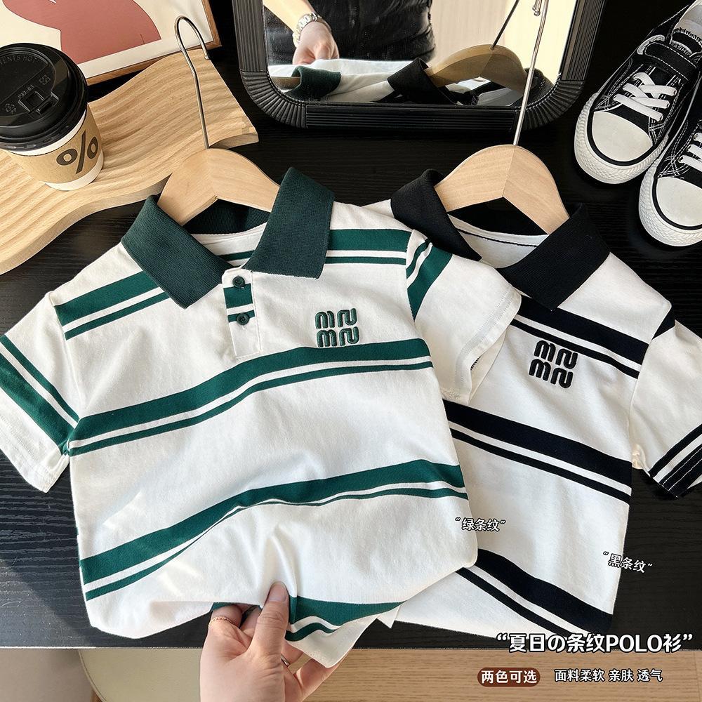 Crianças versão coreana listrado respirável de manga curta camiseta 2026 verão novo estilo bebê menino All-Match camisa 
