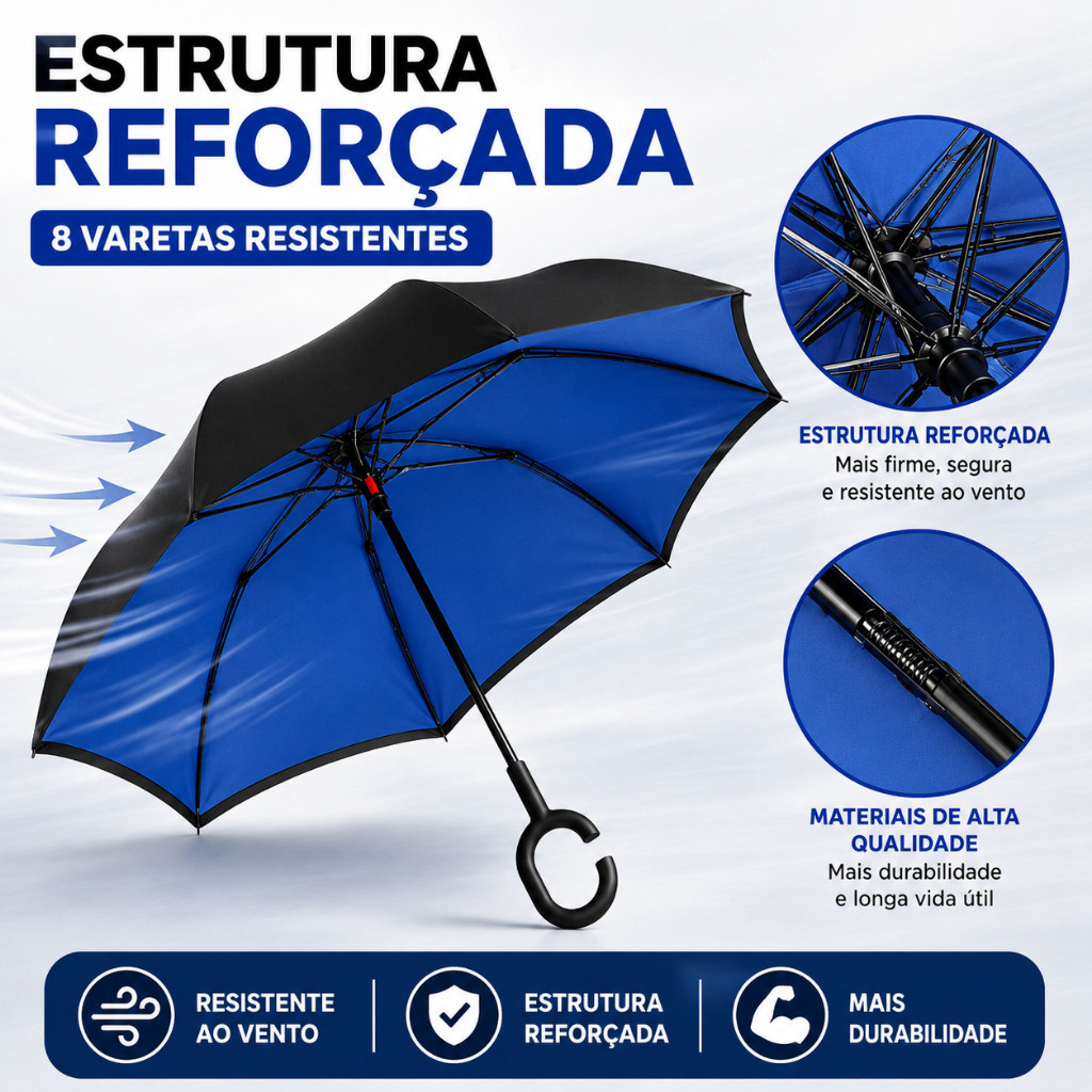Guarda-Chuva Invertido para Carro | Grande e Resistente | Anti-Vento | Tecido Duplo Impermeável | Alça em C Prática
