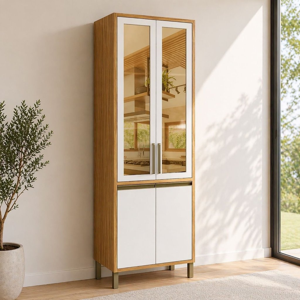 Paneleiro Cristaleira 4 Portas e Vidro Reflecta 100% MDF 70cm Barbados Espresso Móveis Bege/Amêndoa/Off White