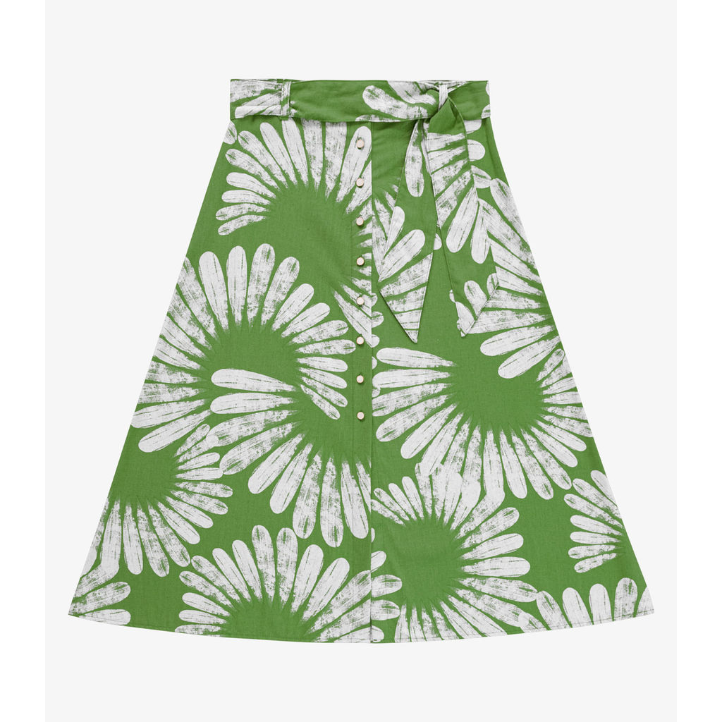 Saia Feminina Midi Evasê Linho Estampada Endless Verde
