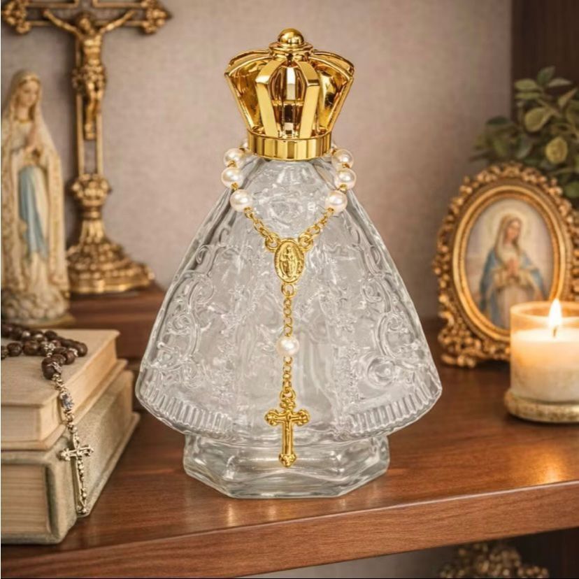 Frasco de Vidro Nossa Senhora Aparecida Santinha Tampa Dourada 60ml  + Mini Terço Batizados Crisma