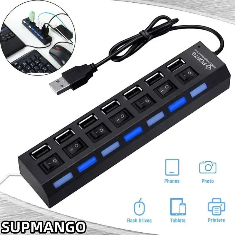 Hub USB Adaptador USB Multiportas com Adaptador de Energia Extensor USB 2.0 Acessórios para PC e Computador Interruptor