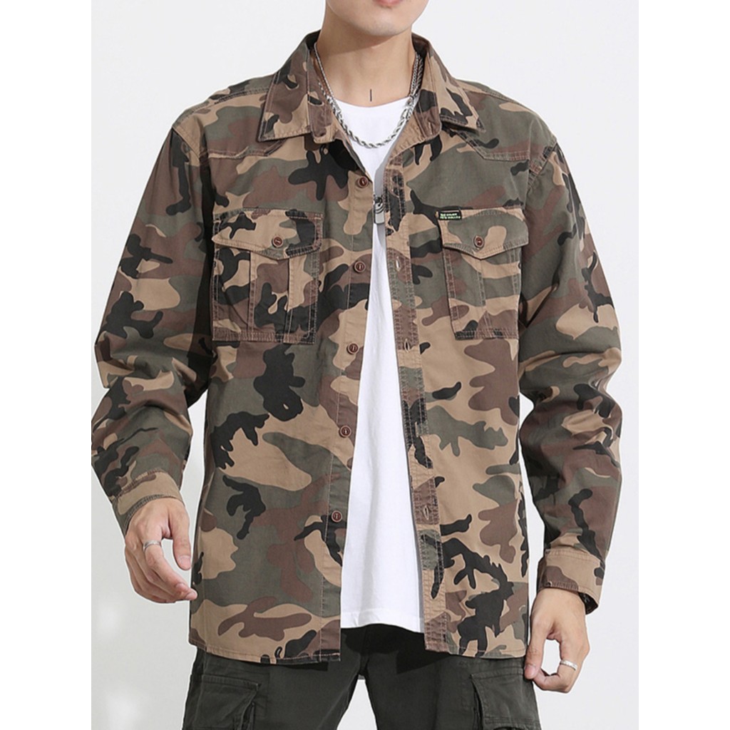 Nacional na moda camuflagem solta de manga comprida camisa geral masculina primavera outono Street Wear nova camisa Retr