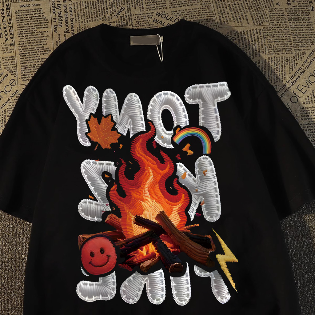 American Street Wear Imitação Bordado Chaihuo Impresso Algodão Puro Camiseta de Manga Curta Mulheres Homens Primavera Ve
