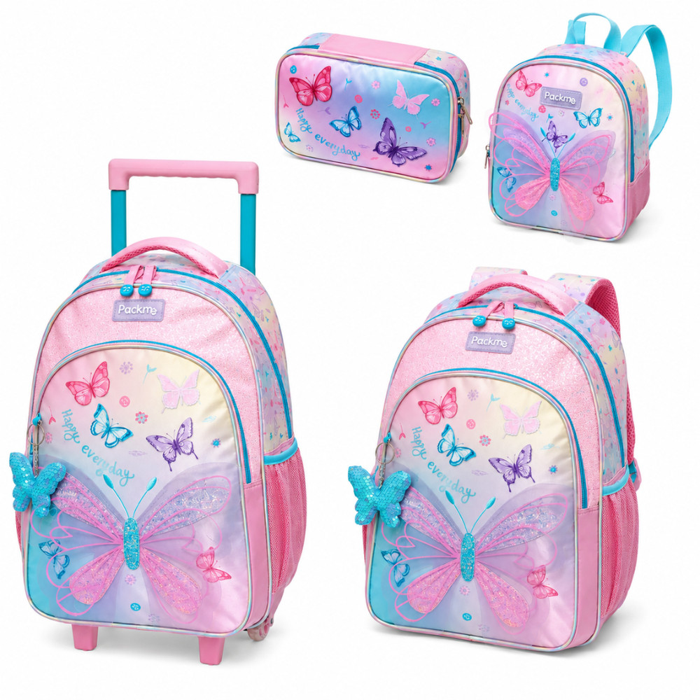KIT ESCOLAR C/MOCHILA COSTAS, MOCHILA RODINHAS,LANCHEIRA E ESTOJO PACK ME WINGS - PACIFIC