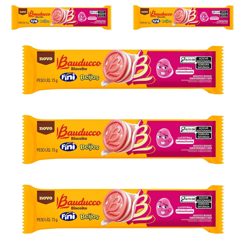 Kit com cinco biscoitos recheados Bauducco Fini Beijos de 73 g