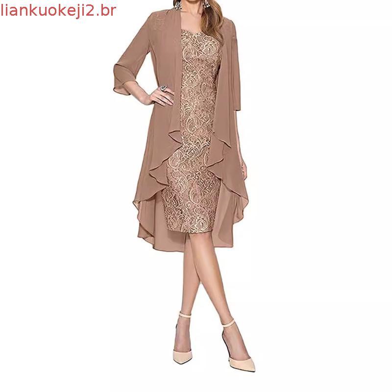 Vestido Midi Feminino de Manga Três Quartos, Decote em V, Renda Plus Size, Cor Sólida