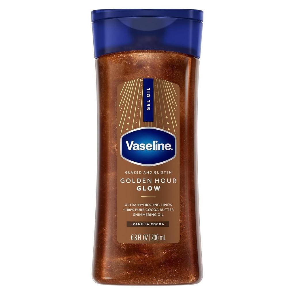 Gel Hidratante Corporal Brilhante Dourado Vaseline, Cor Baunilha Cacau, Contém lipídios ultra-hidratantes e 100% Mante