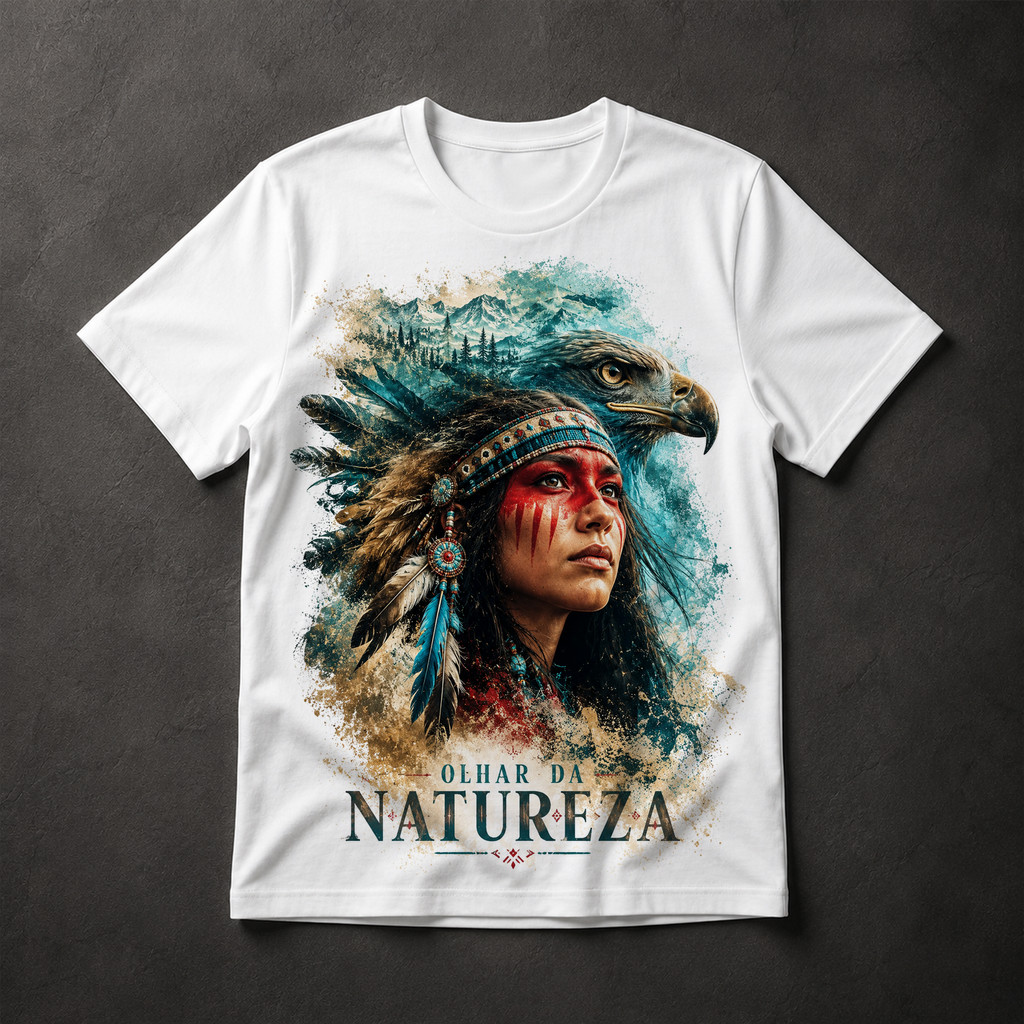 Camiseta Olhar da Natureza Indígena Águia Cocar Penas Arte Étnica Tribal Estampa