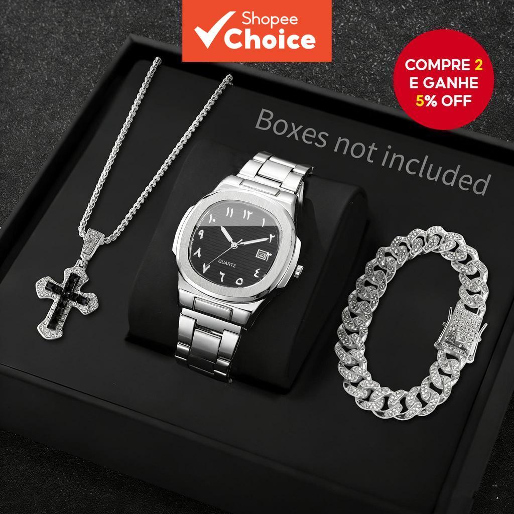 Conjunto De Relógio De Quartzo Com 3 Peças De Pulseira Masculina , Colar , Mostrador Quadrado De Luxo , Pulso Empresaria