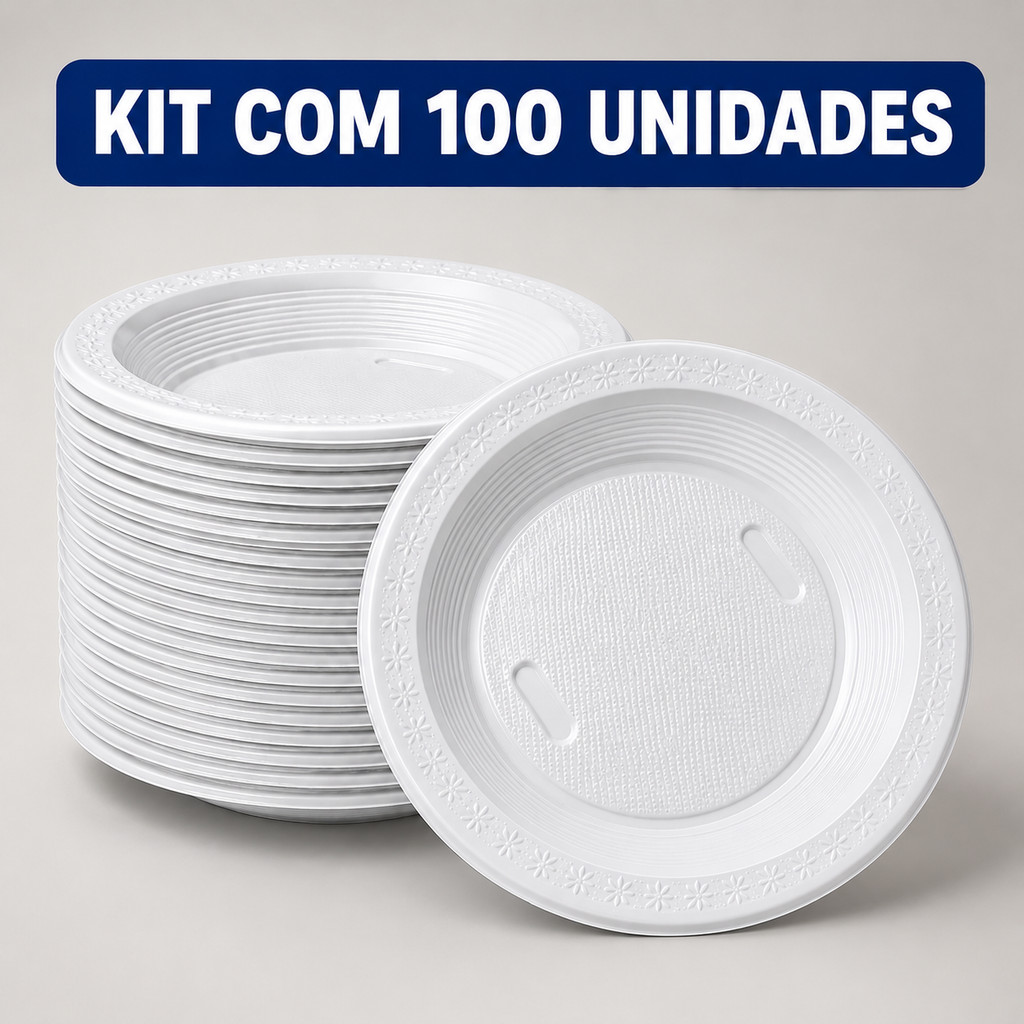 KIT PRATO DESCARTAVEL PLASTICO FUNDO 21CM C/100