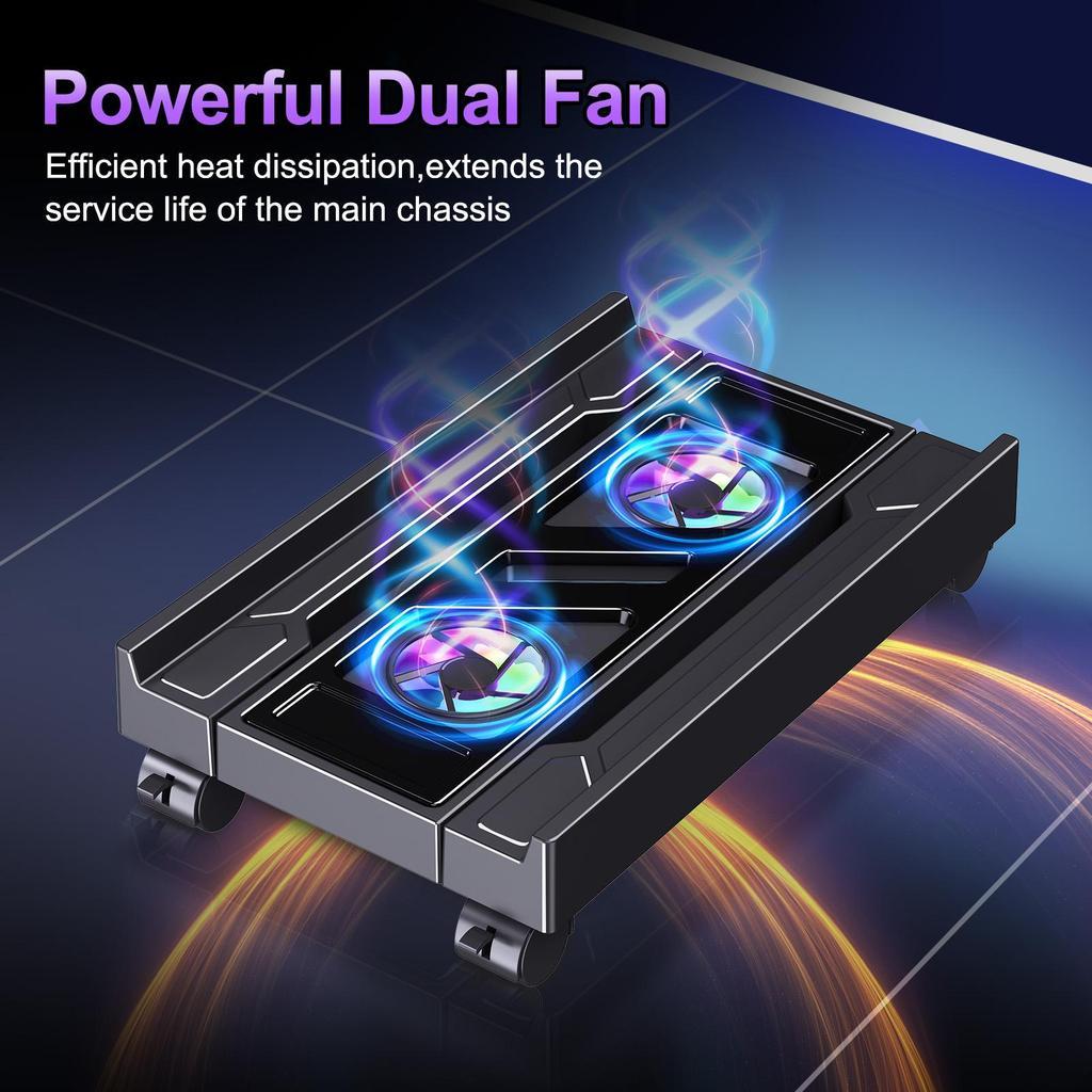 Suporte de computador ajustável com ventoinha de resfriamento e luz, adequado para uso no chão e equipado com rodízios.