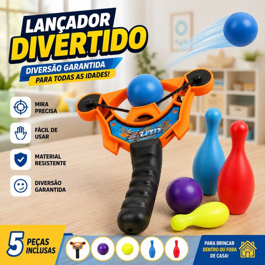 Estilingue Lançador  Atiradeira Infantil De Bola Tempestade Aérea Com 4 Bolas + 2 Pinos De Boliche