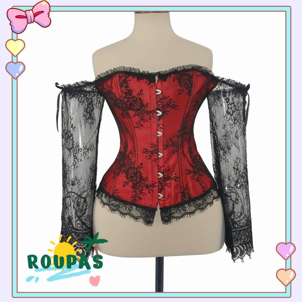 ROUPAS Corset Top , Alças De Ombro De Manga Comprida Espartilho Feminino , De Renda Floral Com Cadarço Overbust