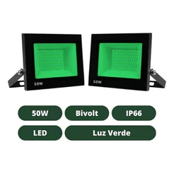 Holofote LED Verde 50W Bivolt IP66 – Refletor Slim à Prova d’Água | Carcaça Preta