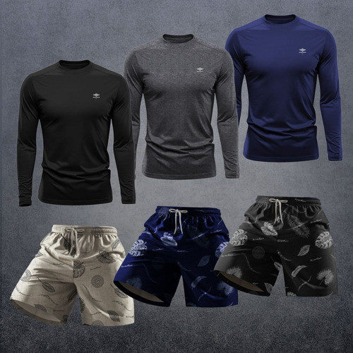 Kit3 Camisetas Manga Longa Dry P Ao Plus 3 Shorts Estampados