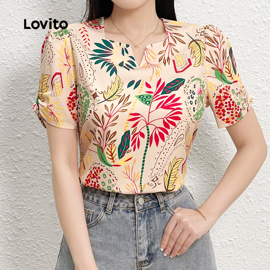 Lovito Blusa Elegante com Flores Babados Primavera/verão para Mulheres L143EDD482 em Oferta na Shopee