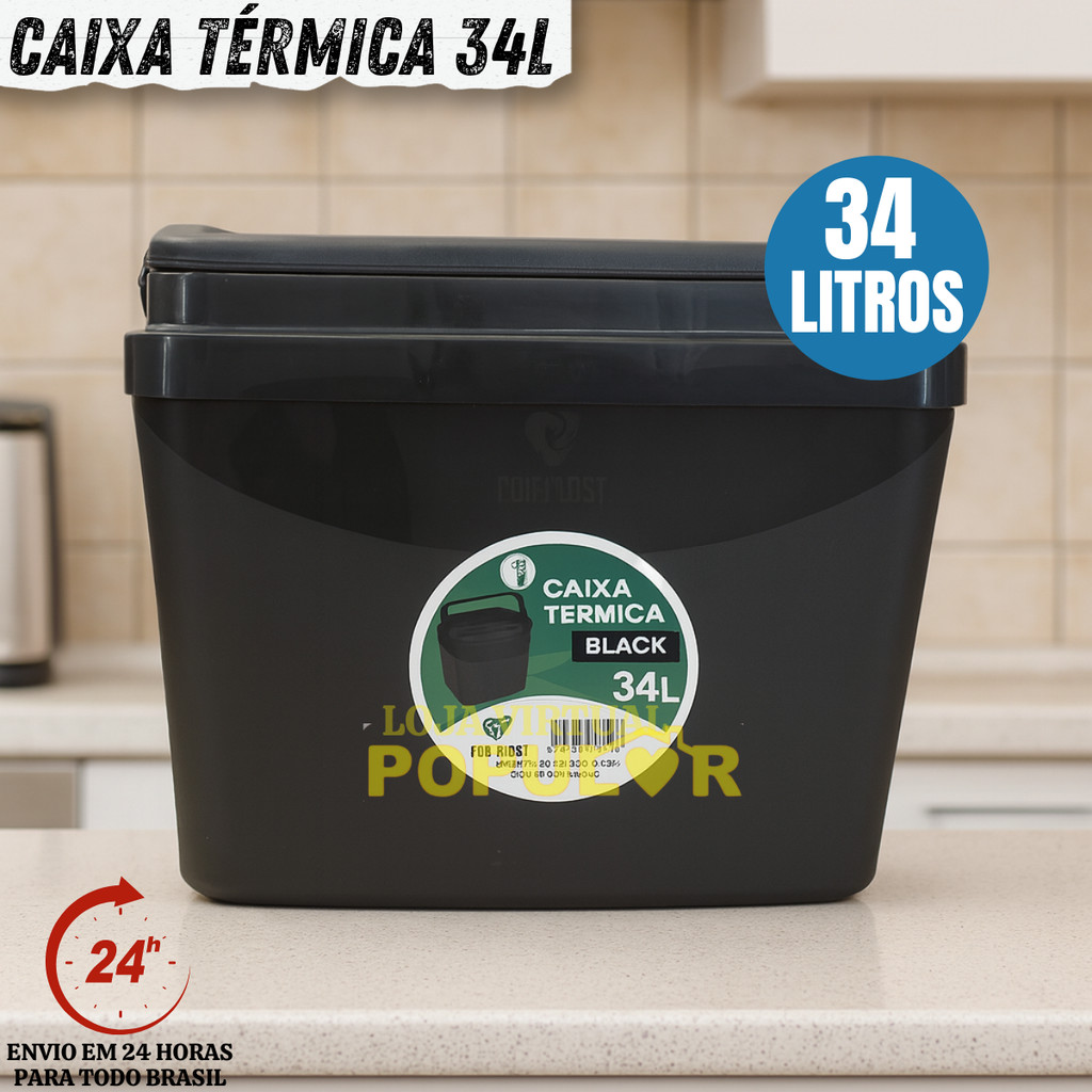 Caixa Térmica Cooler  Resistente  Com Alça 34 Litros  Preta Porta  Copos Praia Camping