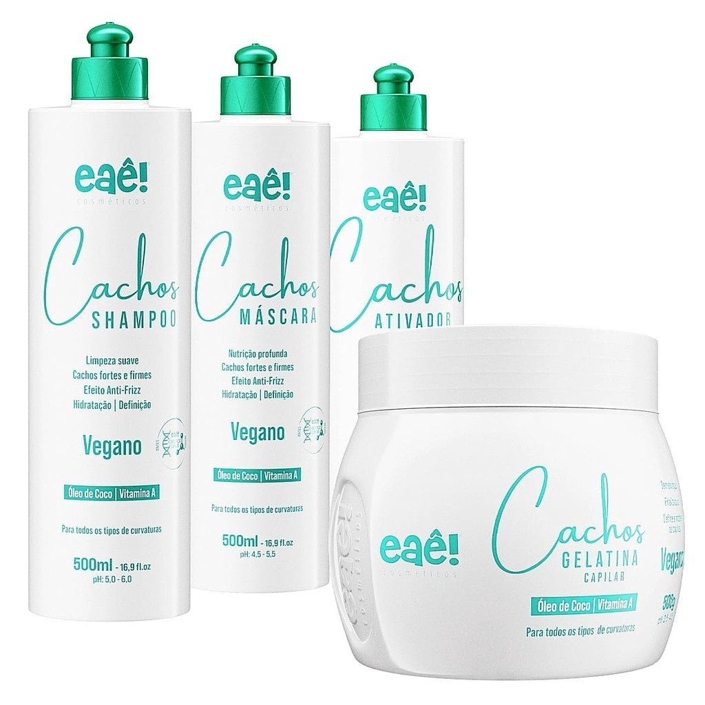 Kit Ativador de Cachos Com 4 Produtos Shampoo Condicionador Máscara e Finalizador 500ml Modela os Cachos Eaê!