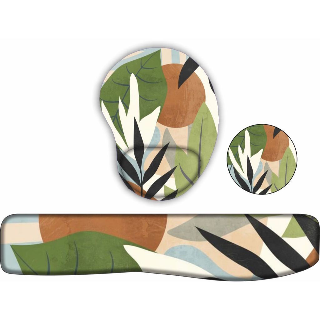 Kit Mouse Pad + Apoio de Teclado Ergônomico + porta copos Folhas elegantes.
