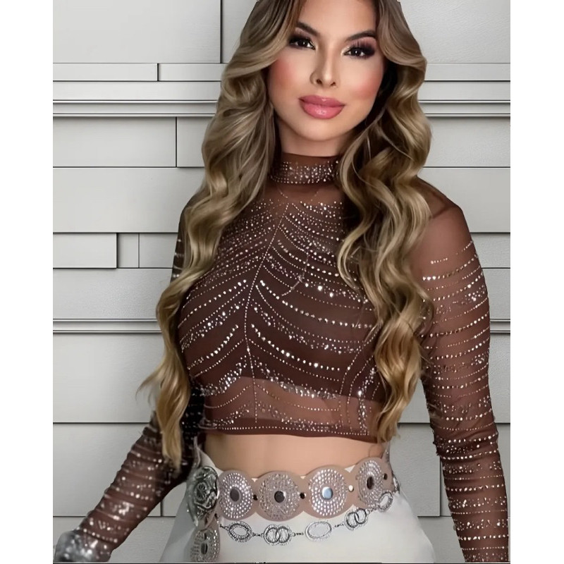 Cropped Pedraria Manga Longa Tule Brilho Strass Balada Rave Festa