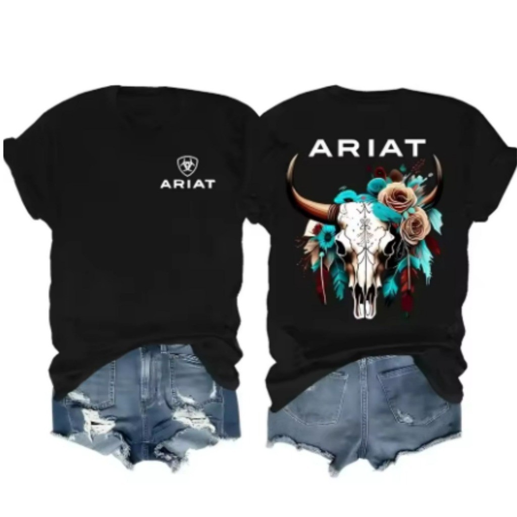 Camiseta Feminina Country ARIAT Caveira Flores T-shirt Baby Look Camisa Cowgirl Agro Boiadeira
