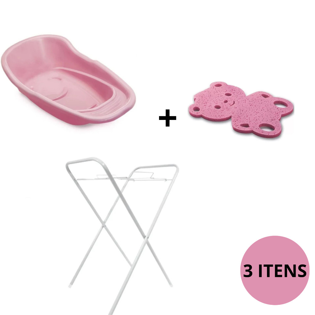 KIT 3 ITENS BANHO COMPLETO DO BEBÊ BANHEIRA 20L+SUPORTE+ESPONJA DE BANHO - MENINO E MENINA