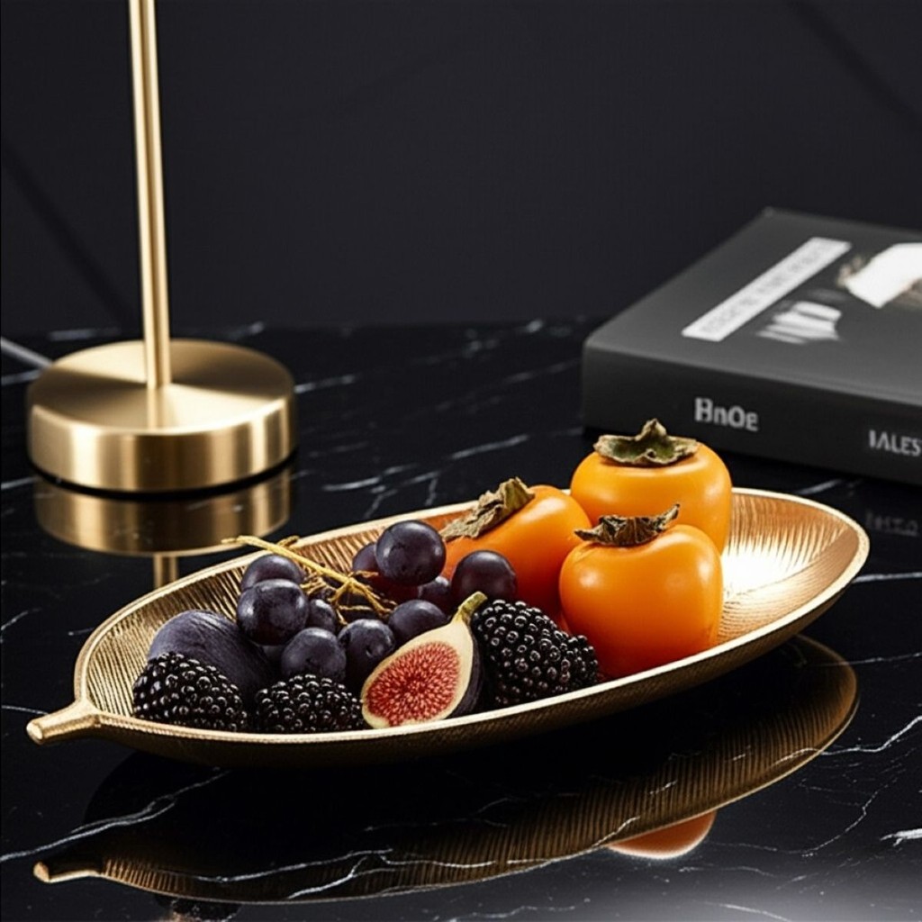 Bandeja Prato de Fruta em Formato de Folha Dourada em Resina Luxo Decorativa Moderna Médio e Grande