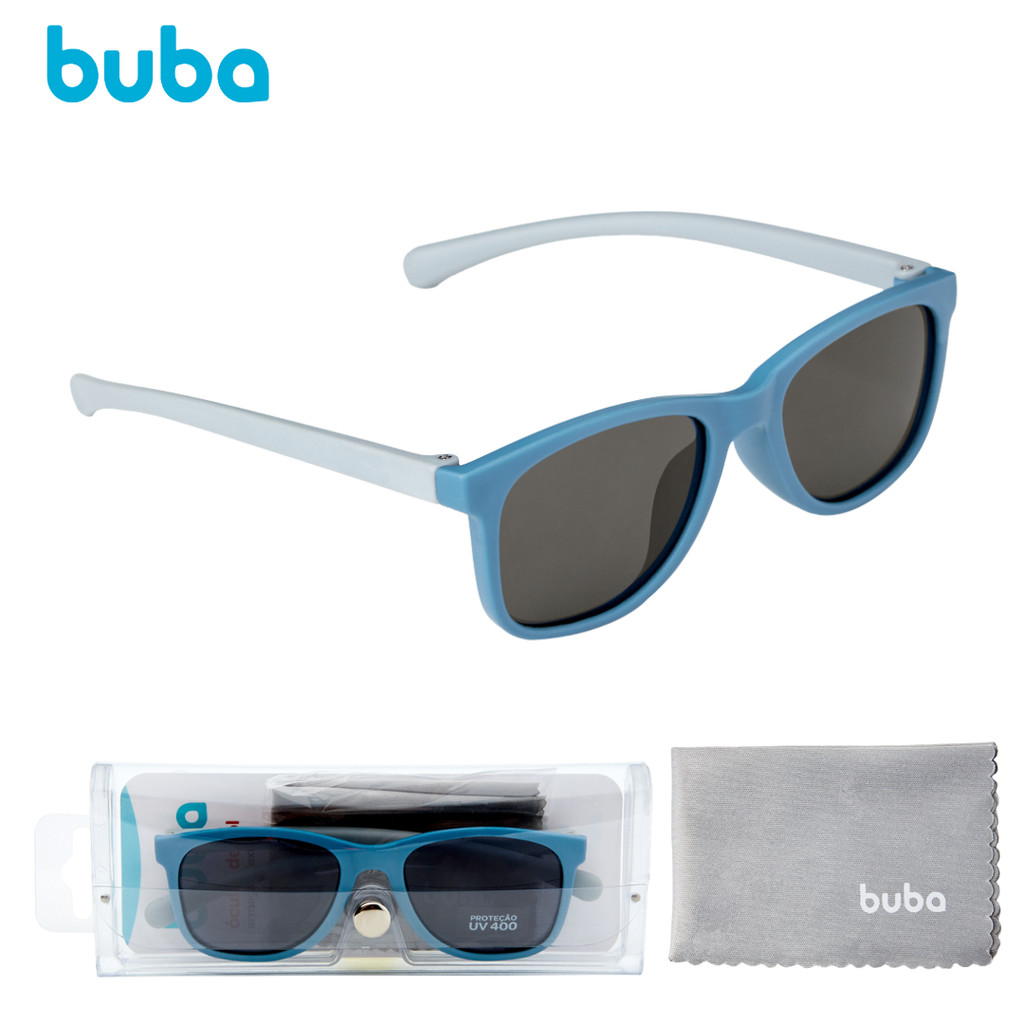 Óculos de Sol Infantil Buba Flexível Azul com Estojo e Lenço Proteção UVA e UVB Tamanho M 3 A 5 ANOS