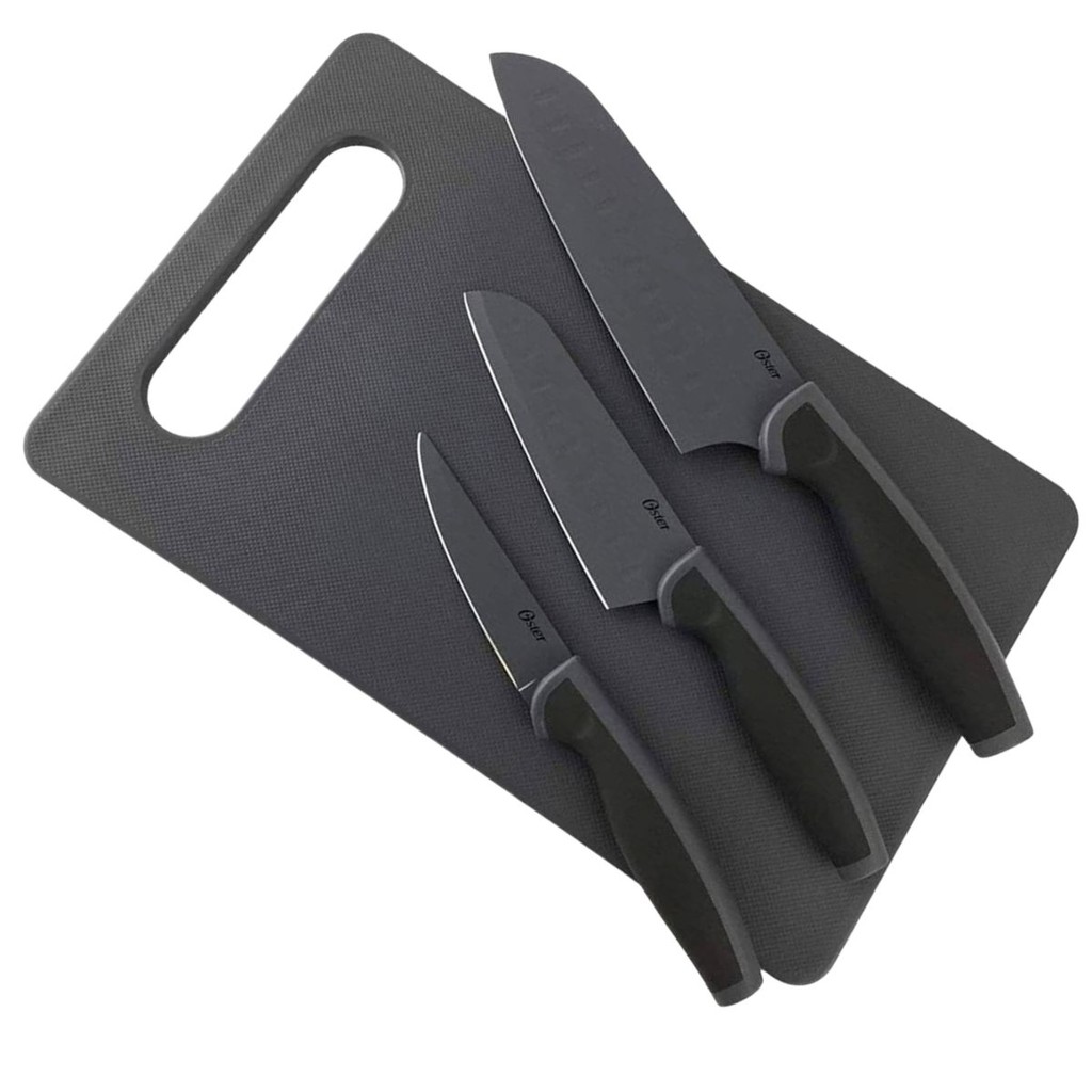 OSTER CONJUNTO DE FACAS E TABUA 4 PECAS PECAS SLICE CRAFT - LAMINAS EM ACO INOX PRETO, CABO REVESTIDO EM SILICONE E TABU