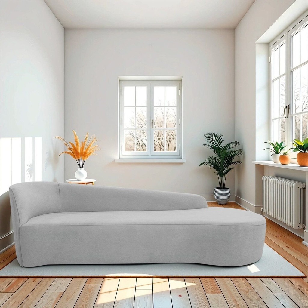 Recamier Curvo Orgânico 180cm 3 Lugares Lado Direito para Sala de Estar em Linhoparis Cinza Claro Cinza/Claro