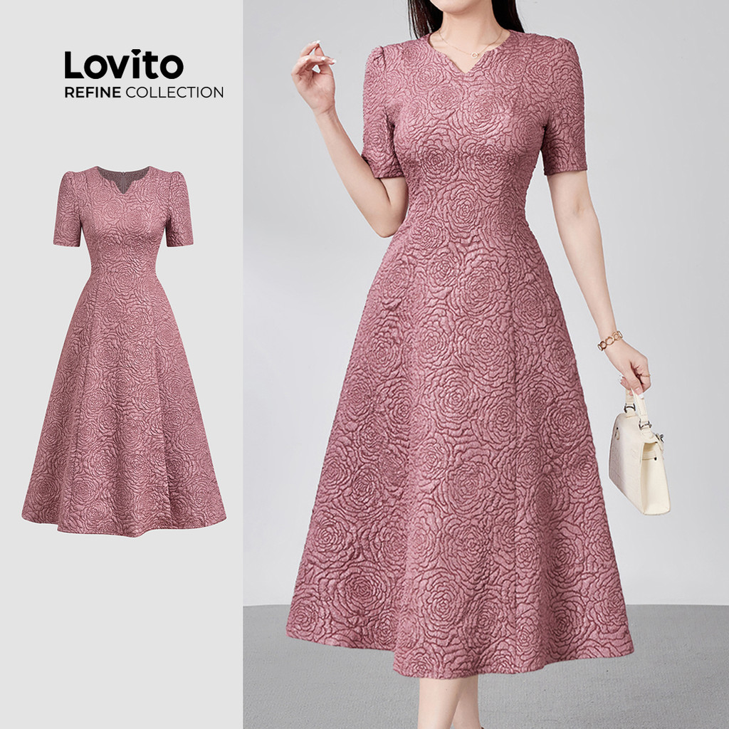 (Lovito Refine) Vestido Elegante Textura Requintada Em Jacquard Na Cor Cinza E Rosa Primavera/verão Mulheres LR18E153 em Oferta na Shopee