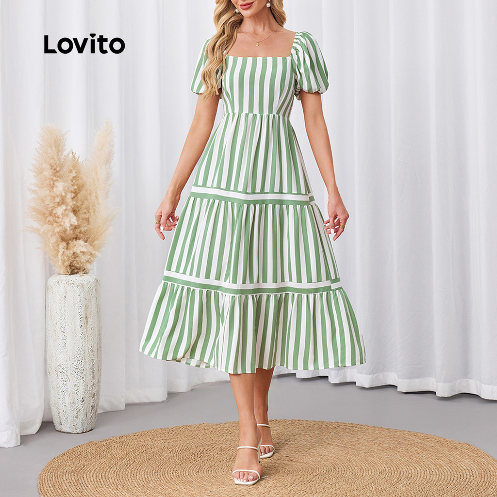 Lovito Vestido Casual listrado com listras laterais para mulheres LBL23653 em Oferta na Shopee