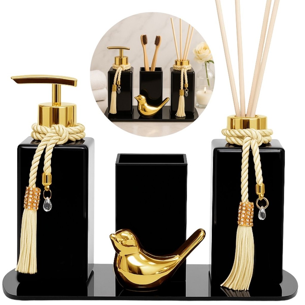 Kit Lavabo Luxo Preto Com Bandeja De Vidro Vaso Quadrado E Passarinho Decorativo em Oferta na Shopee