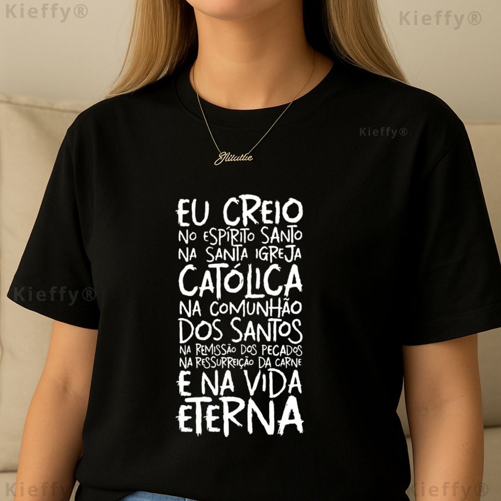 Camiseta Feminina T-Shirt Religiosa Eu Creio Católico 100% Algodão