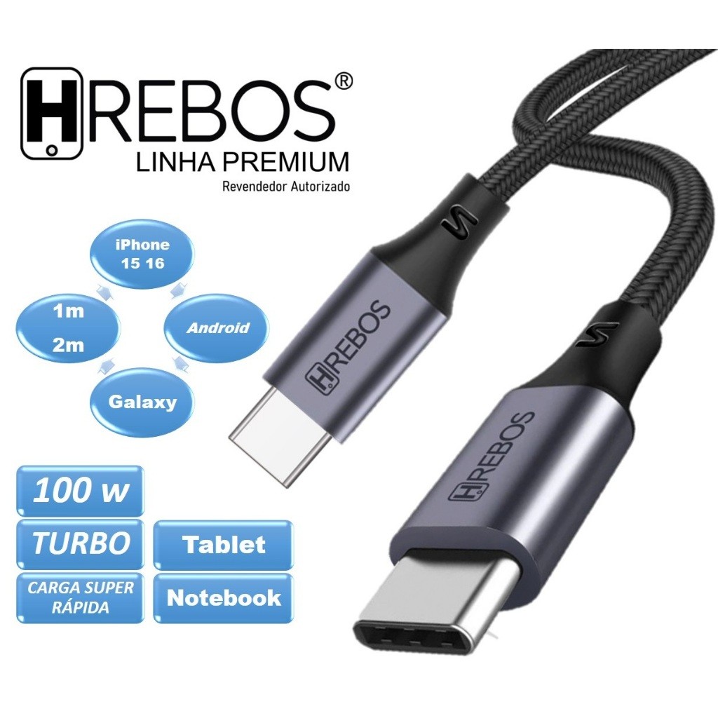 Cabo Tipo C | 100w | Trançado | Celular Notebook Tablet Compatível Samsung Iphone 15 16 1m ou 2m