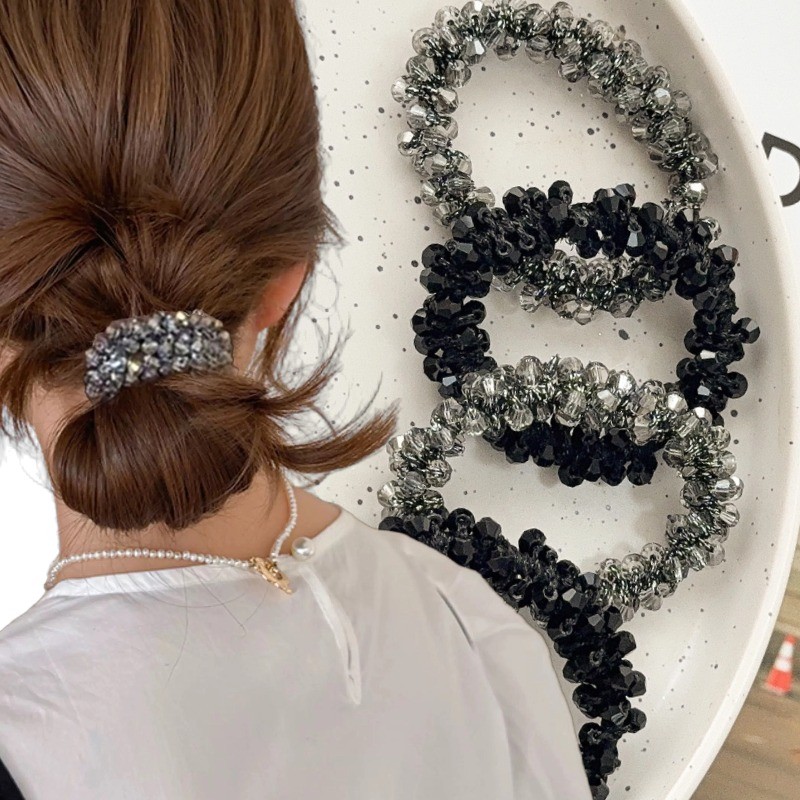 Lindo Brilhante Strass Frisado Scrunchies Feminino Meninas Corda De Cabelo Luxo Faixas De Borracha Elástico Rabo De Cava