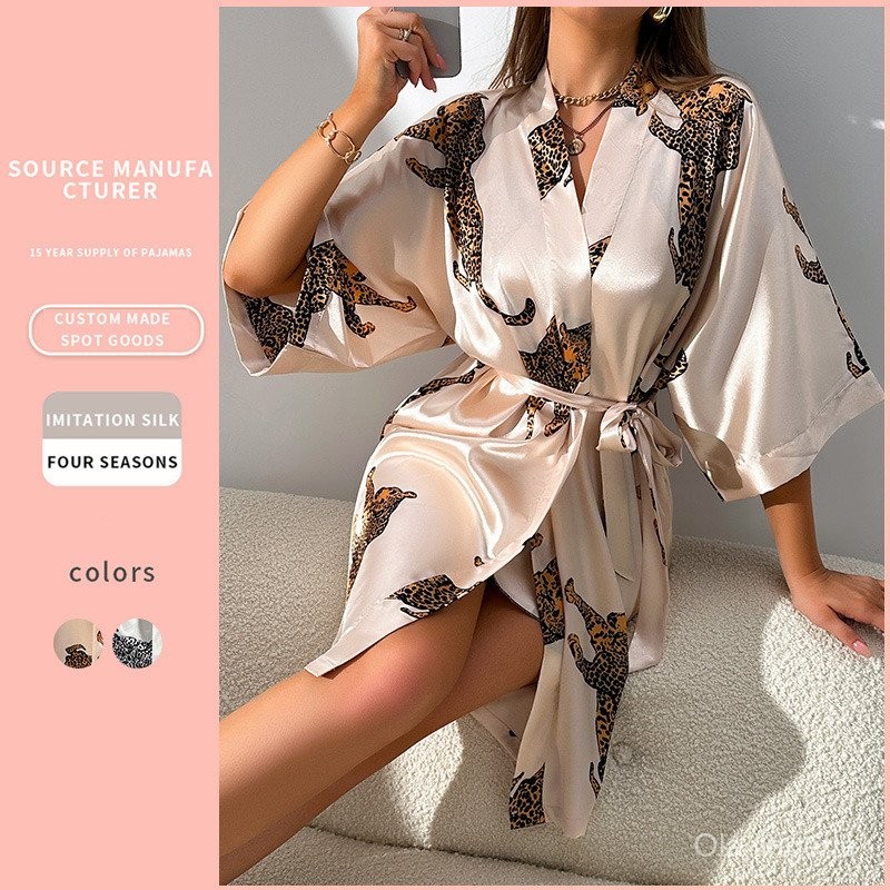 Pijamas Feminino Seda Verão Sexy Casual Leopardo Padrão Simples Moda Cardigan Rendas Roupão