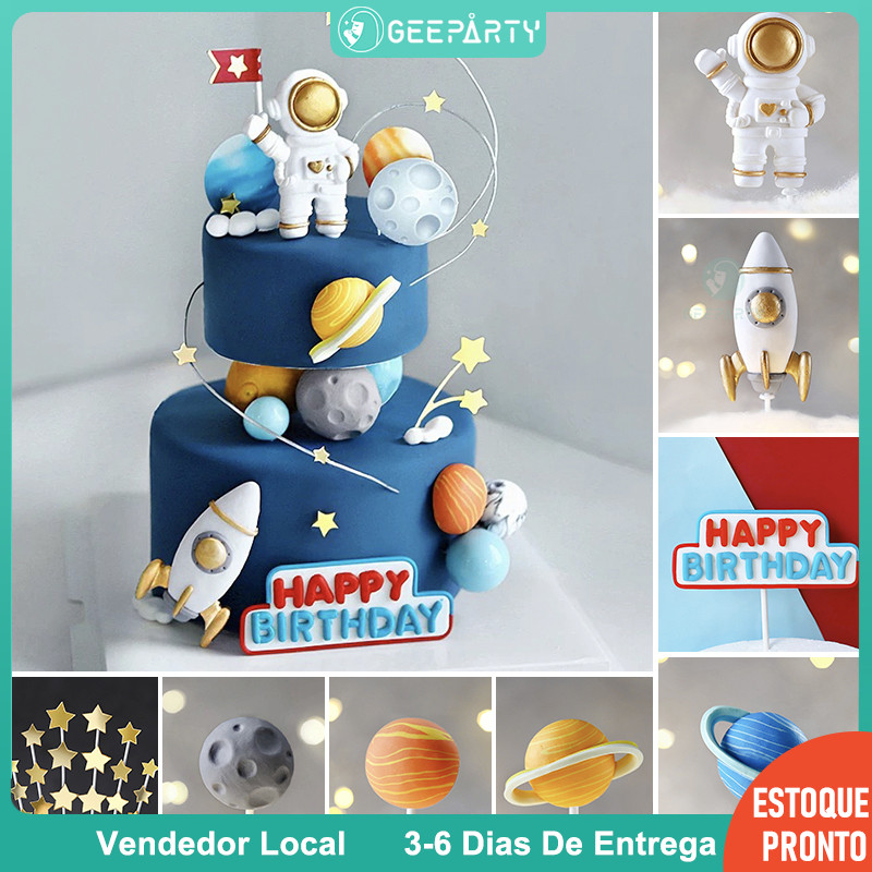 GeeParty Rocket Stars Astronauta Bolo Topper Planeta Azul Para Tema Do Espaço Exterior Decorações De Festa De Aniversári em Oferta na Shopee