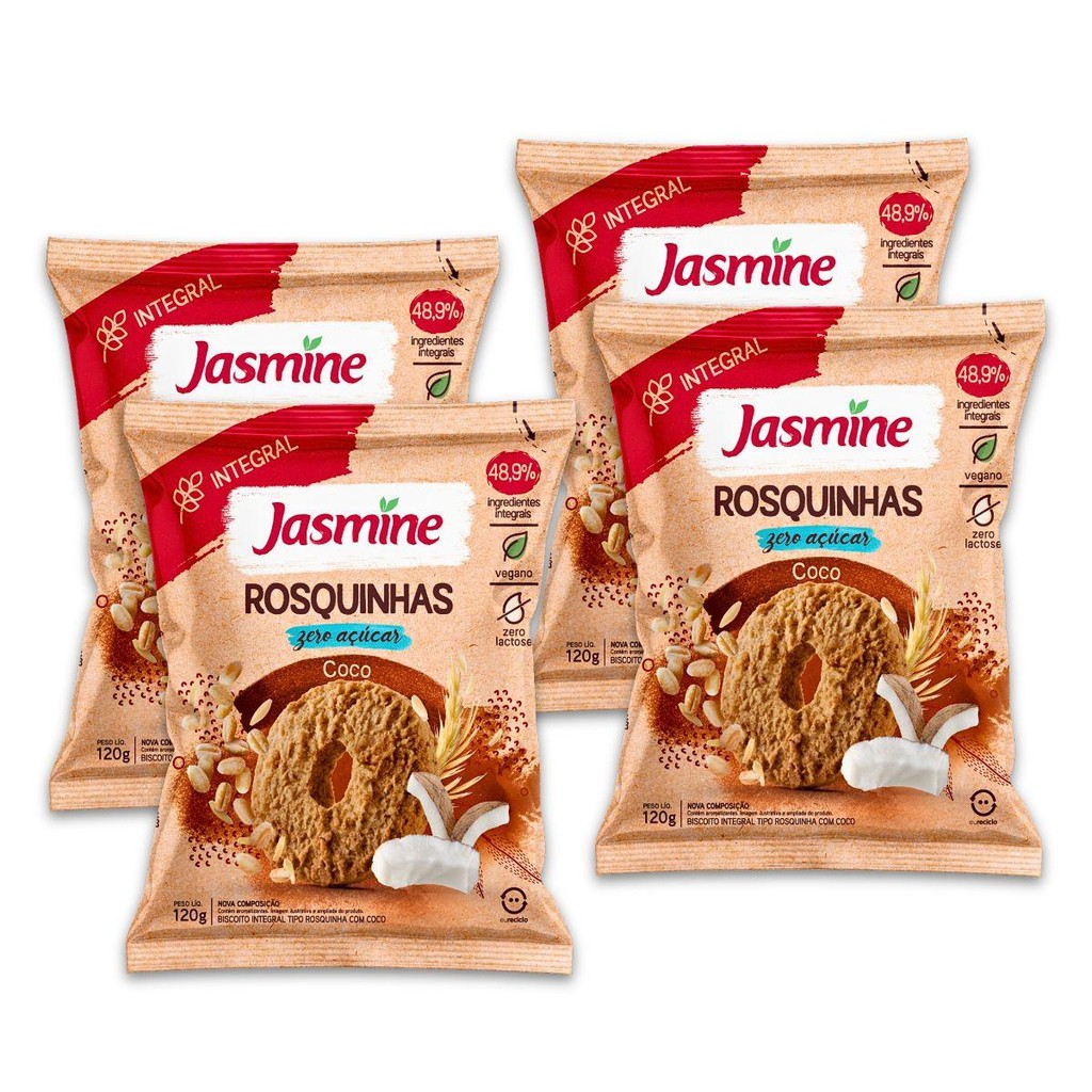 Kit 4 Biscoito Rosquinha 120G Vegano Integral Coco Zero Jasmine