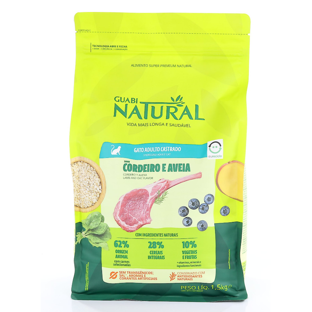 Ração Gatos Castrados Guabi Natural Cordeiro E Aveia 7,5kg