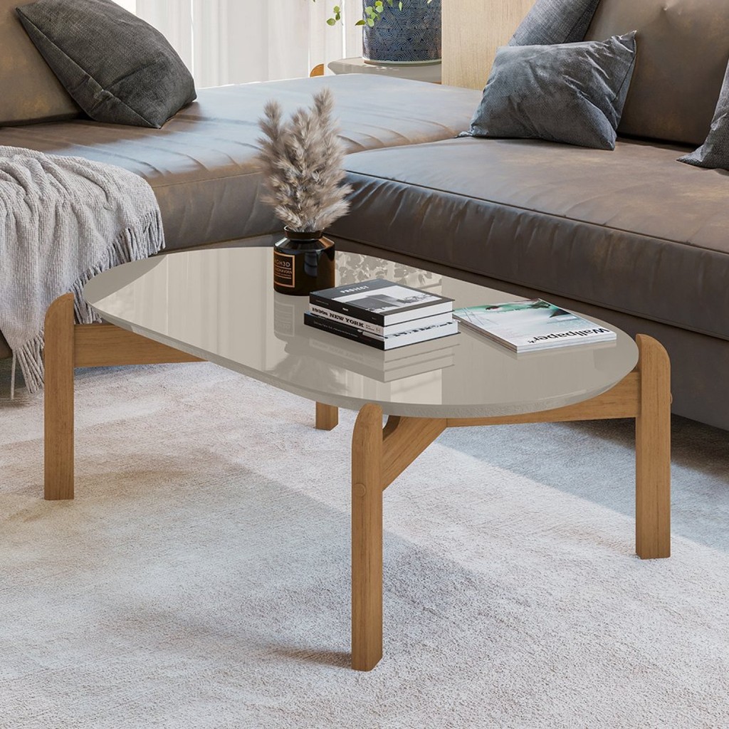 Mesa de Centro com Tampo Oval e Pés em Madeira Maciça Lizz Oblonga Off White/Cedro