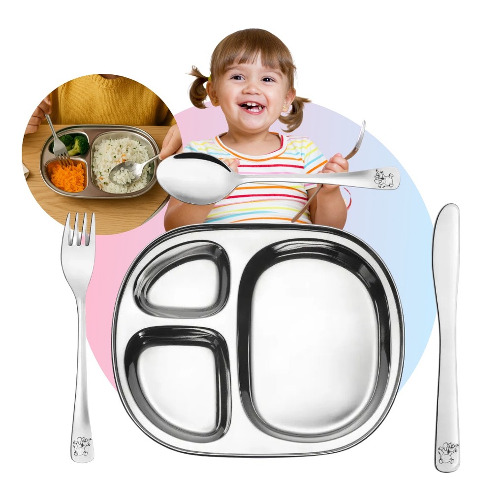 Kit Infantil Bebe Refeição Introdução Alimentar Inox 4 Peças Prato Talheres Faca Garfo Colher Tippi