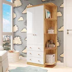 Guarda-Roupa Infantil 2 Portas 3 Gavetas e Prateleira Externa 100% MDF Smim Bege/Branco Brilho/Amêndoa Branco