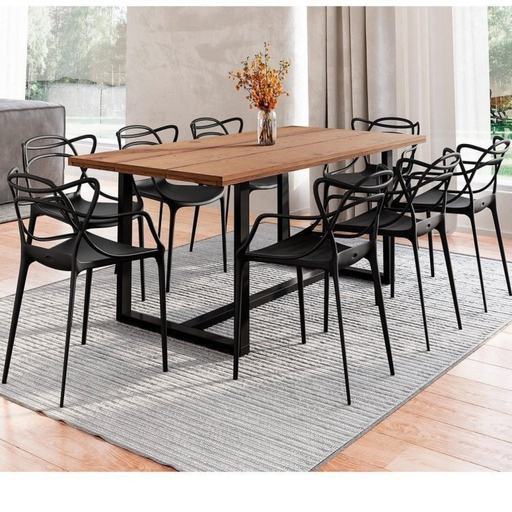 Conjunto Mesa de Jantar Rústica de Madeira Maciça com 8 Cadeiras Allegra Preto/Marrom 210