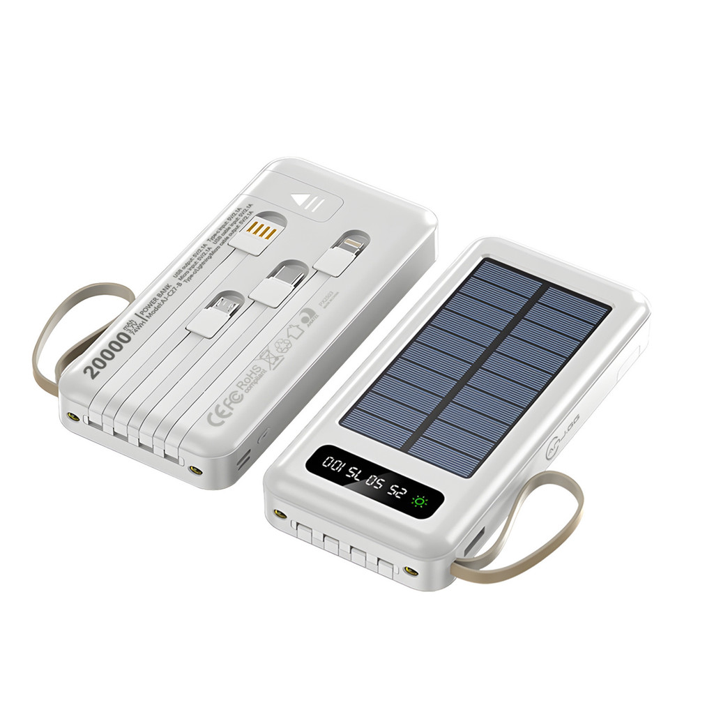 Power Bank Solar 20.000mAh com Iluminação e Carregamento Rápido 4 Saídas 1 Porta Type-C Branco
