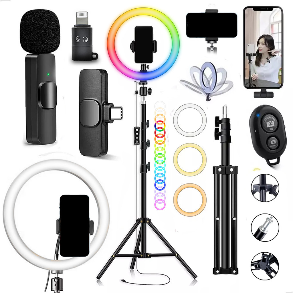 Kit High Light Microfone Lapela Bluetooth Controle Selfie Tiktok Gravação